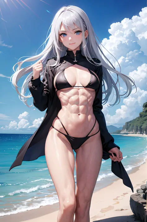 masterpiece, highest quality, silver hair, middle hair, black bikini, beach, (abs:1.6), underarm, blue eyes, (muscular:1.4), (toned legs:1.3), smile