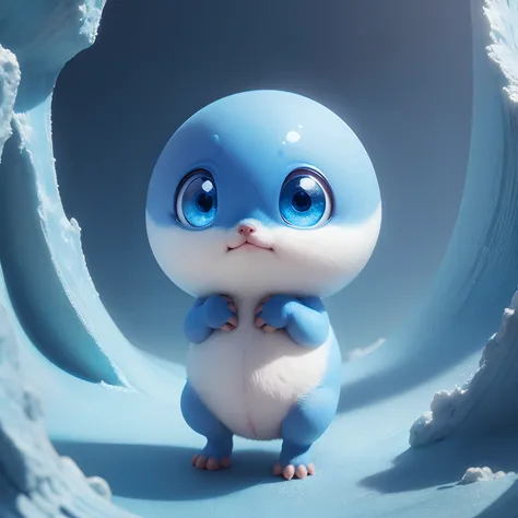 small cute creature, blue colour, big blue eyes, round shape, without body only have small head, small legs and small hands, beautiful background with pure colour.