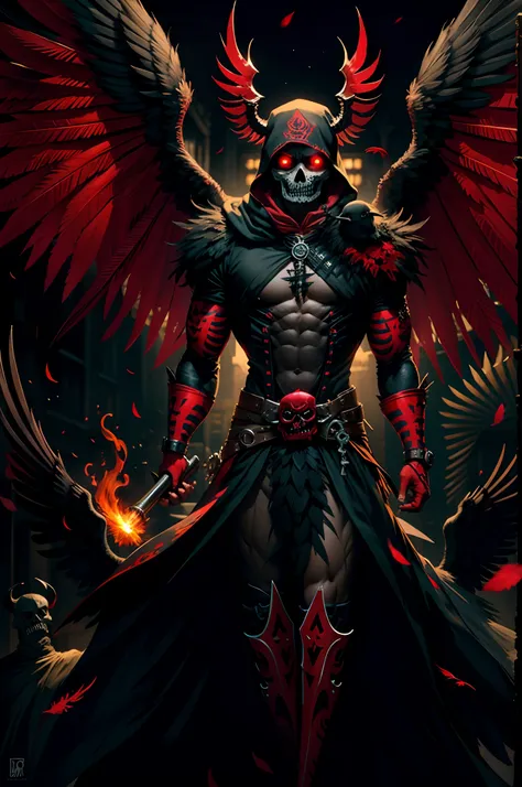 demon, calavera, red-eyes, hood, Gloating Smile, Feathers on the shoulders, Flying Raven, Bloody background