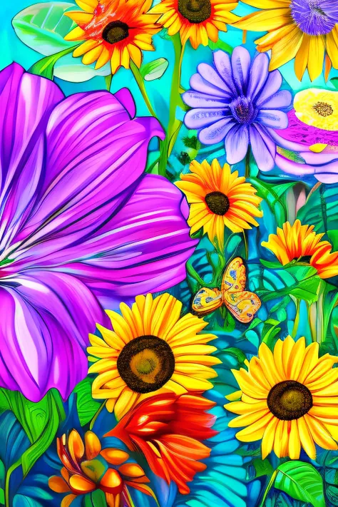 Vibrant painting of roses, sunflowers, tulips, wildflowers with soft drips and blooms.