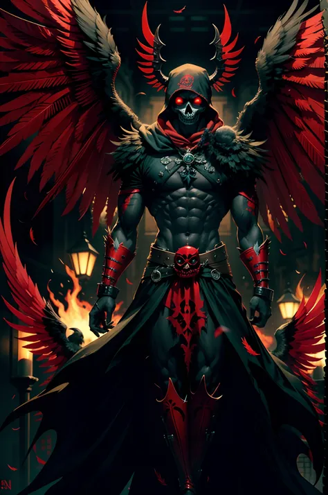 demon, calavera, red-eyes, hood, Gloating Smile, Feathers on the shoulders, Flying Raven, Bloody background