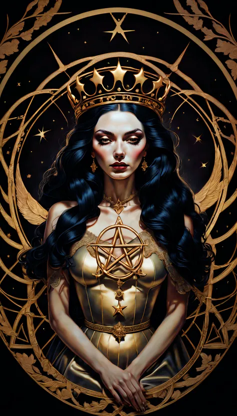 chiaroscuro technique on sensual illustration of an queen of pentacle, vintage queen, eerie, matte painting, by Hannah Dale, by Harumi Hironaka, extremely soft colors, hint of gold vibrant, highly detailed, digital artwork, high contrast, dramatic, refined...