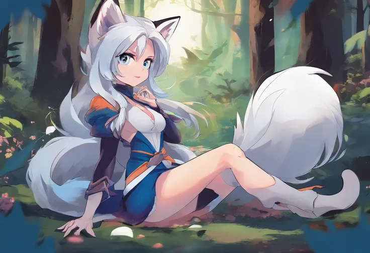 fox girl, fox ears, fox tail, multicolored hair and ears, white and blue hair, multicolored tail, big breasts, thick thighs, dark colored legwear, waving, blush, on the forest, night time, moon, glowing eyes, wide hips, blue eyes