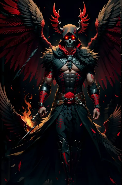 demon, calavera, red-eyes, hood, Gloating Smile, Feathers on the shoulders, Flying Raven, Bloody background