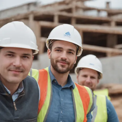 Selfie de homem europeu bonito com olhos azuis e cabelo castanho:: On a tour of a construction site with an engineers helmet