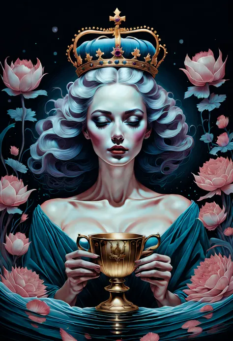 chiaroscuro technique on sensual illustration of an queen of cups, vintage queen, eerie, matte painting, by Hannah Dale, by Harumi Hironaka, extremely soft colors, hint of vibrant, highly detailed, digital artwork, high contrast, dramatic, refined, tonal, ...