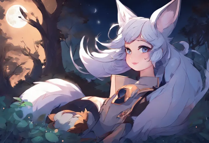 fox girl, fox ears, fox tail, multicolored hair and ears, white and blue hair, multicolored tail, big breasts, thick thighs, dark colored legwear, waving, blush, on the forest, night time, moon, glowing eyes, wide hips, blue eyes