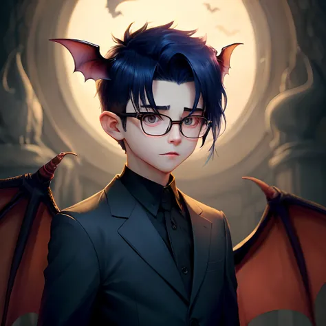 Dark blue hair glasses vampire bat wings bat ears anime boy