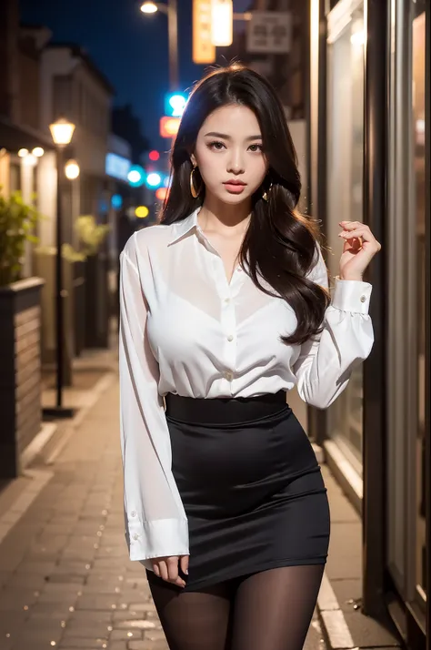 The old streets of the city，the night，the street lights，（（authentic skin texture）），Beautiful teenage girl，Beautiful earrings，slightly fat big breasts，busty figure，Bigchest，Womens careers in business，white  shirt，Skirt that wraps hips，（（（Black silk pantyhos...