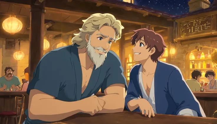 short hair Zeus with sexy beard talking to tavern owner, they deep into conversation, background people party, drinking, having fun, smiling, party, midnight, starry sky, center to zeus and tavern owner,