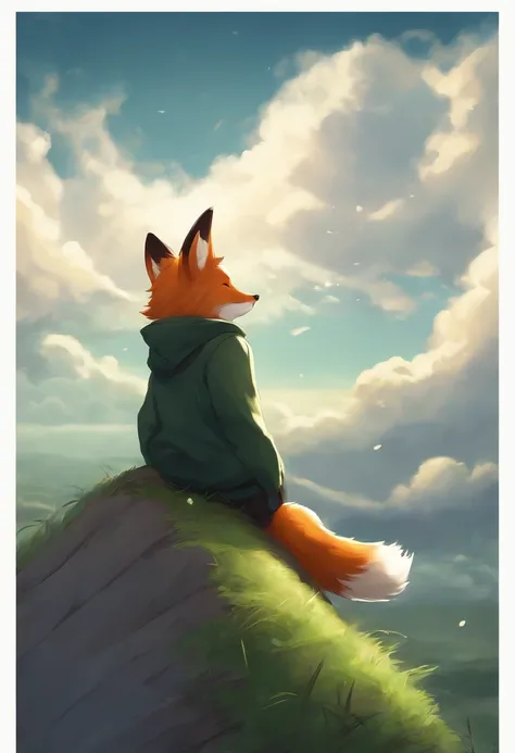 A cute little fox with green eyes and a black hoodie with fox ears coming through the hood. The picture looks like the work of the Makoto Shinkai. the fox is sitting in the sky on top of one cloud, the fox has his eyes closed and is happy. Fox is far in th...