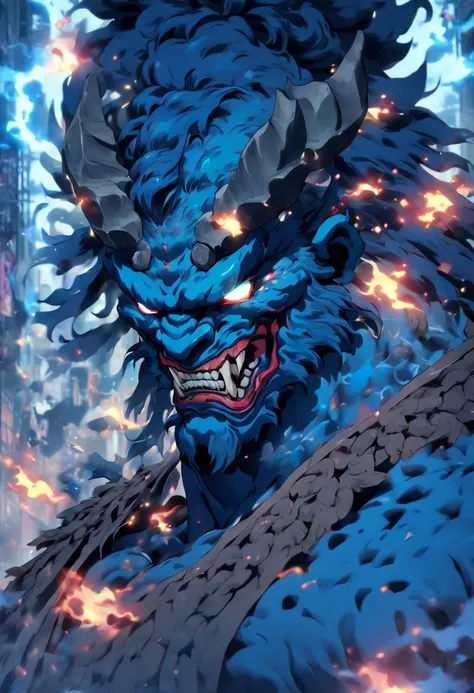 (((Blue Oni))) best quality, very high resolution, detailed CG in 4K, masterpiece, Fujin, gale, wind, Shui mo Hua, Chinese tribes, Chinese city, forest, aesthetics, beautiful image, centered on the screen, Whole body