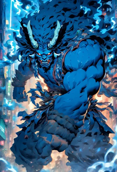 (((Blue Oni))) best quality, very high resolution, detailed CG in 4K, masterpiece, Fujin, gale, wind, Shui mo Hua, Chinese tribes, Chinese city, forest, aesthetics, beautiful image, centered on the screen, Whole body