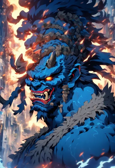 (((Blue Oni))) best quality, very high resolution, detailed CG in 4K, masterpiece, Fujin, gale, wind, Shui mo Hua, Chinese tribes, Chinese city, forest, aesthetics, beautiful image, centered on the screen, Whole body