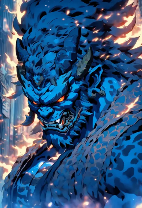 (((Blue Oni))) best quality, very high resolution, detailed CG in 4K, masterpiece, Fujin, gale, wind, Shui mo Hua, Chinese tribes, Chinese city, forest, aesthetics, beautiful image, centered on the screen, Whole body