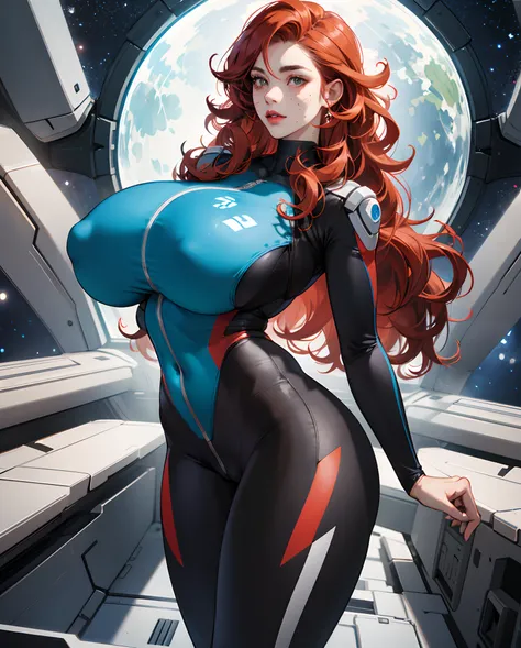 Realistic huge breast redhead curly hair freckles shiny skin thick thighs female in a spaceship wearing spandex