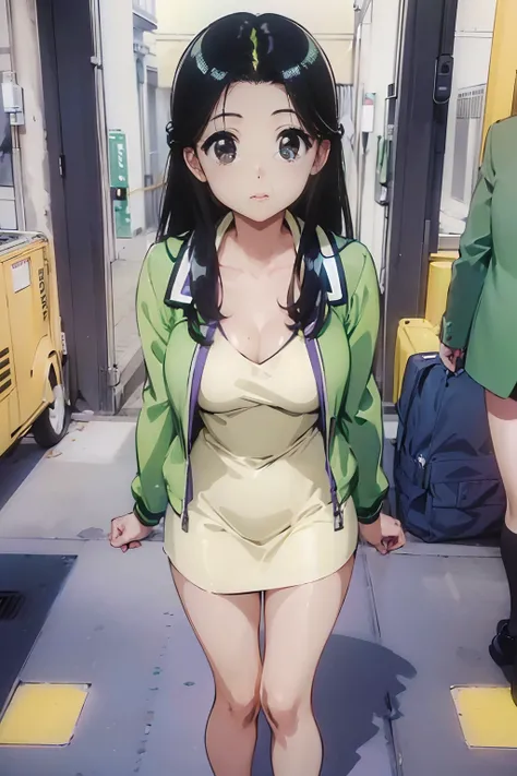 ((Una hermosa chica Ritsuko takahashi. )) chaqueta amarilla vestido verde, alta de cabello negro con brillos en verde, 1.5 ultra realistas en HD, sol crepuscular atras, rayos de luz. 22x, 44mm,  DIO, .ISO.