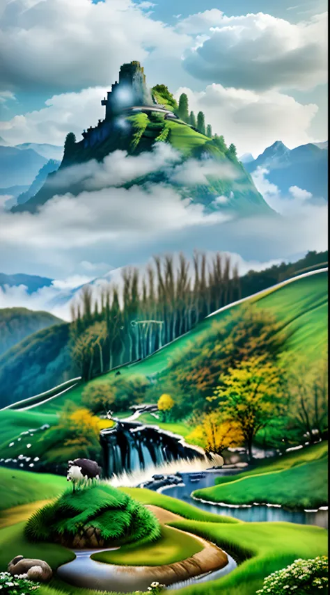 Chinese landscape painting，ink and watercolor painting，water ink，ink，Smudge，Faraway view，Ultra-wide viewing angle，Meticulous，Five cow diagram，Five scalpers，River side，Small Stone Bridge，grassy fields，The tree，The vista is a mountain，（8k wallpaper），（light a...