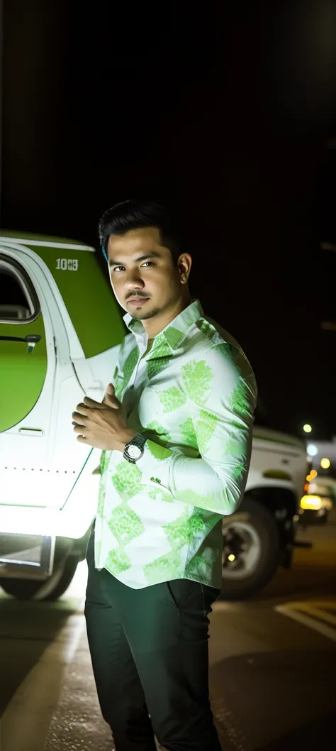 there is a man standing next to a green and white truck, taken in the night, profile picture, by Basuki Abdullah, mid shot portrait, profile picture 1024px, mohamed chahin style, photo shoot, edited in photoshop, profile shot, front profile!!!!, style of a...