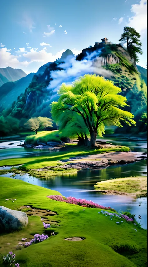 Chinese landscape painting，ink and watercolor painting，water ink，ink，Smudge，Faraway view，Ultra-wide viewing angle，Meticulous，Five cow diagram，Five scalpers，River side，Small Stone Bridge，grassy fields，The tree，The vista is a mountain，（8k wallpaper），（light a...