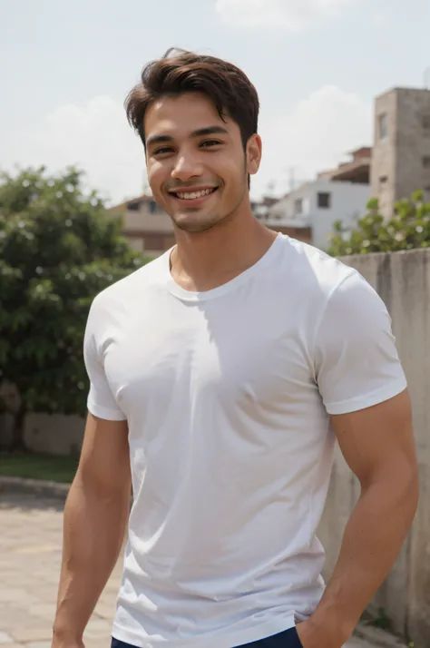 Chico guapo con camiseta blanca sonriendo