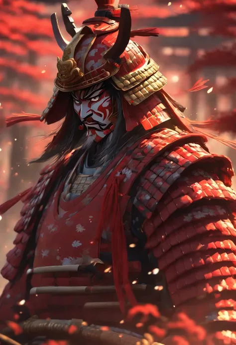 (((Samurai Armor))) best quality, very high resolution, detailed CG in 4K, masterpiece, Hachiman, red, Shui mo Hua, Chinese tribes, Chinese city, forest, aesthetics, beautiful image, centered on the screen, all body