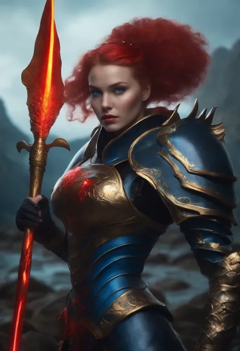 very menacing fish lady covered in armor, red glowing eye, red ponytail, gills, blue, yellow eyes, in left hand holding helmet, in right holding blue glowing spear, looks dangerous