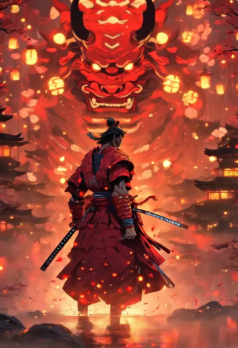 (((ONI Samurai))) best quality, very high resolution, detailed CG in 4K, masterpiece, Hachiman, red, Shui mo Hua, Chinese tribes, Chinese city, forest, aesthetics, beautiful image, centered on the screen, all body