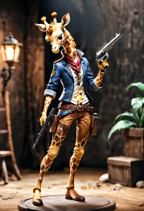 full body Esbian、Cool giraffe、Pop giraffe、diorama、symple background、White background、bandana、Revolver in hand、gunman、Two-gun pistol、​masterpiece, Best Quality, Capture super cute moments, depth of fields, ultra-detailliert, Ultra High Resolution, Octadale,...