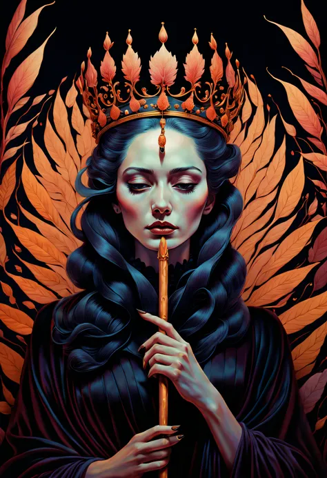 chiaroscuro technique on sensual illustration of an queen of wands, vintage queen, eerie, matte painting, by Hannah Dale, by Harumi Hironaka, extremely soft colors, hint of pastel autumn vibrant, highly detailed, digital artwork, high contrast, dramatic, r...