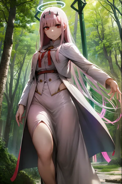 robe longue, oni girl, zero two, robe blanche, robe blanche, halo d’ange, halo arc-en-ciel, full body , portrait, medium breast, walking, forest, coat, vest, buttlern long skirt, victorian cloths