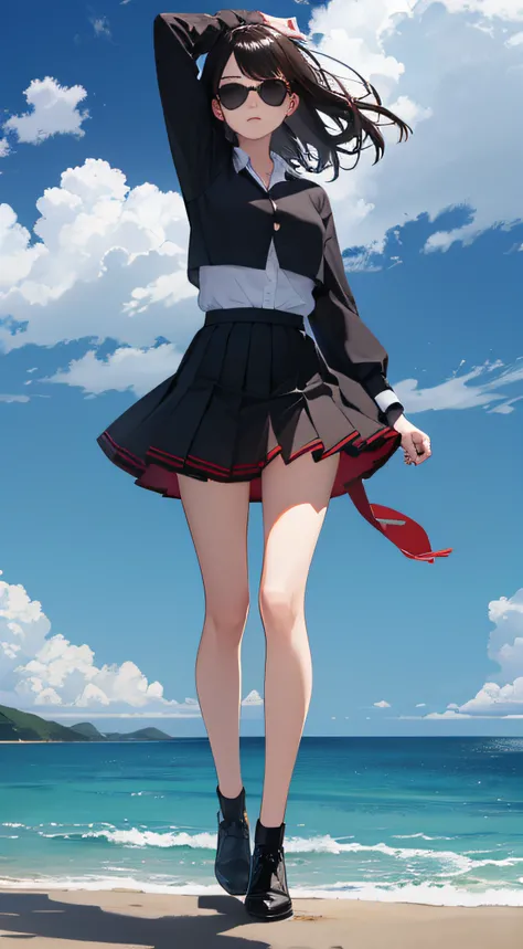 a girl, red and black skirt, short skirt, white blouse, strong winds waving hair, ocean in the back, view from distance, sunglasses, standing, dark hair