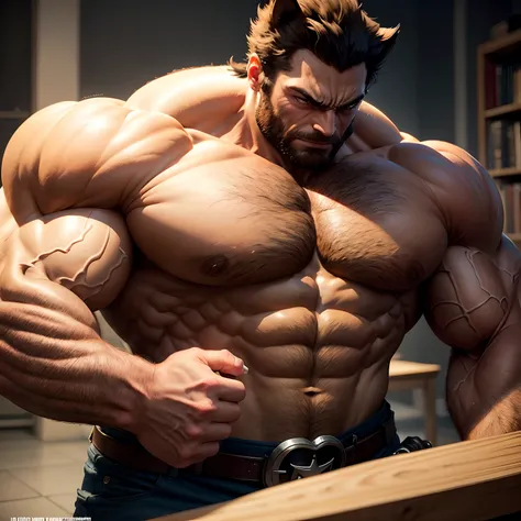 Wolverine muscled with huge torso , huge pecs , huge arms , wear a smooking