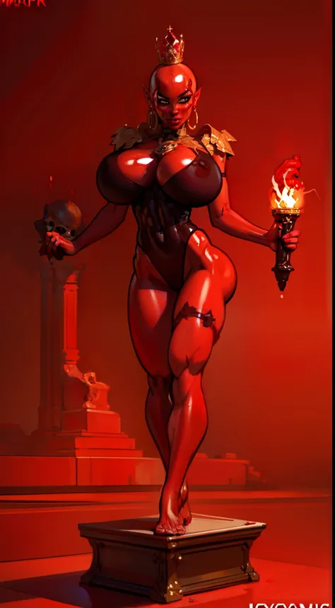 1girl, beautiful (((dark devil empress))), detailed eyes, (((detailed face))), mature face, athletic body, looking at viewers,full body, light smile,(gigantic breasts:1.4)detailed skin, colored skin(dark red skin:2.5), horns on head, (((bald:1.4))), mature...