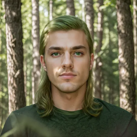 "(Best Quality,4k,hight resolution,Masterpiece:1.2),ultra-realistic,Elven guy with beautiful detailed facial features, intense gaze, Lush green forest in the background, male,Strong,Penetrating eyes, 19 years"