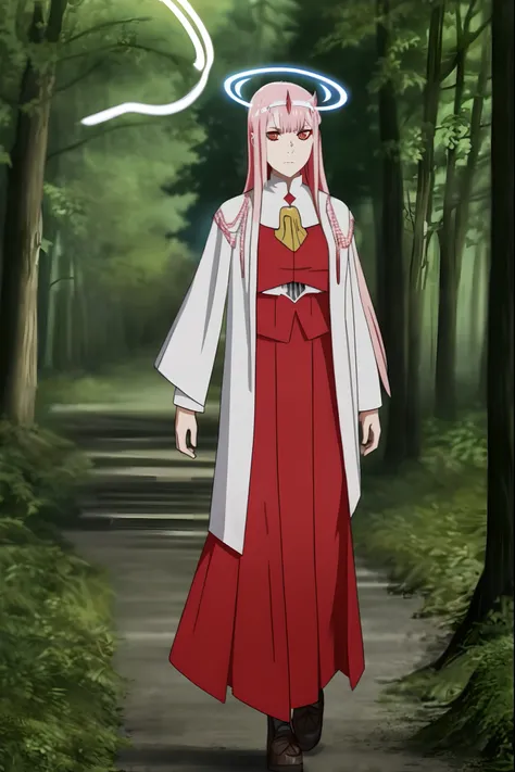 robe longue, oni girl, zero two, robe blanche, robe blanche, halo d’ange, halo arc-en-ciel, full body , portrait, medium breast, walking, forest, coat, vest, buttlern long skirt, victorian cloths