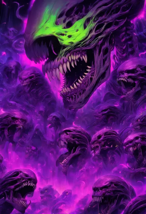 super beast purple and lime green, xenomorph skull face teeth screaming, sf, intricate artwork masterpiece, ominous, matte painting movie poster, golden ratio, trending on cgsociety, intricate, epic, trending on artstation, by artgerm, h. r. giger and beks...