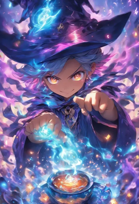 Masterpiece, best quality, wizard tea party, chibi, handsome male witch, beautiful witch, highly detailed realistic eyes, happy, vibrant, colorful,