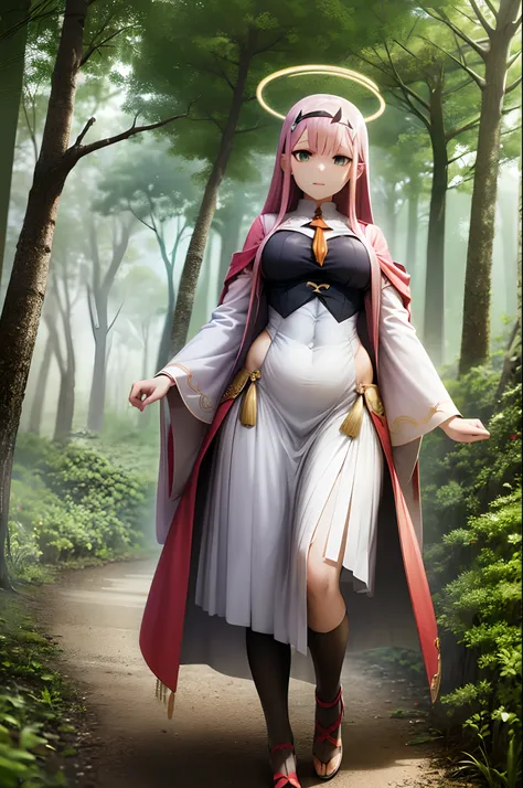 robe longue, oni girl, zero two, robe blanche, robe blanche, halo d’ange, halo arc-en-ciel, full body , portrait, medium breast, walking, forest, coat, vest, buttlern long skirt, victorian cloths