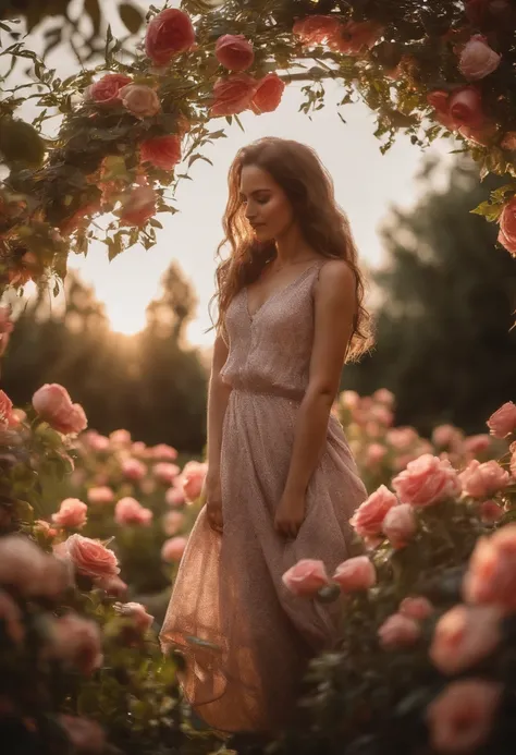 Flowers in a beautiful rose garden in the evening smelling sweet and a girl playing with her cat and the sun setting.