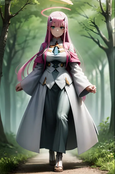 robe longue, oni girl, zero two, robe blanche, robe blanche, halo d’ange, halo arc-en-ciel, full body , portrait, medium breast, walking, forest, coat, vest, buttlern long skirt, victorian cloths