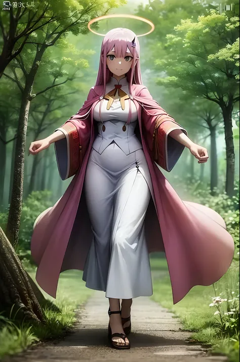 robe longue, oni girl, zero two, robe blanche, robe blanche, halo d’ange, halo arc-en-ciel, full body , portrait, medium breast, walking, forest, coat, vest, buttlern long skirt, victorian cloths