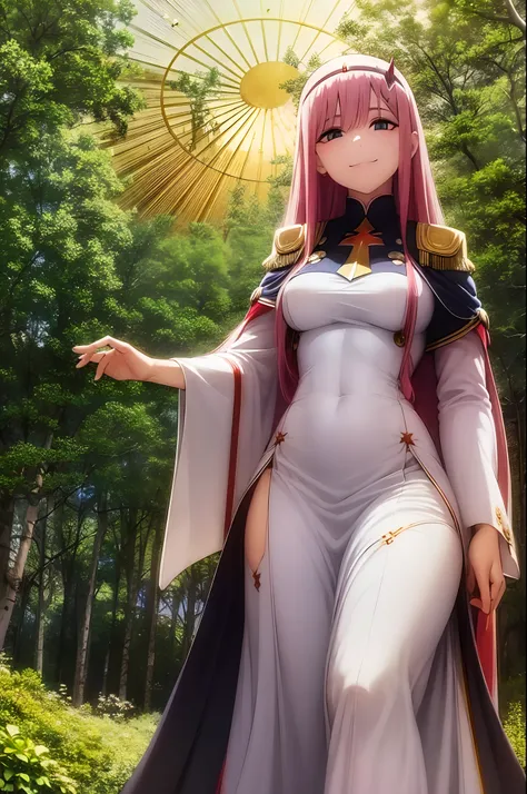 zero two, dress, sun halo, holy, smile,,, medium breast, priestess, full body, walking, divine aura, sun halo, solar halo, long skirt