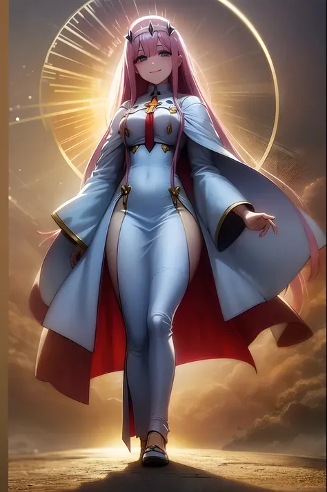 zero two, dress, sun halo, holy, smile,,, medium breast, priestess, full body, walking, divine aura, sun halo, solar halo, long skirt