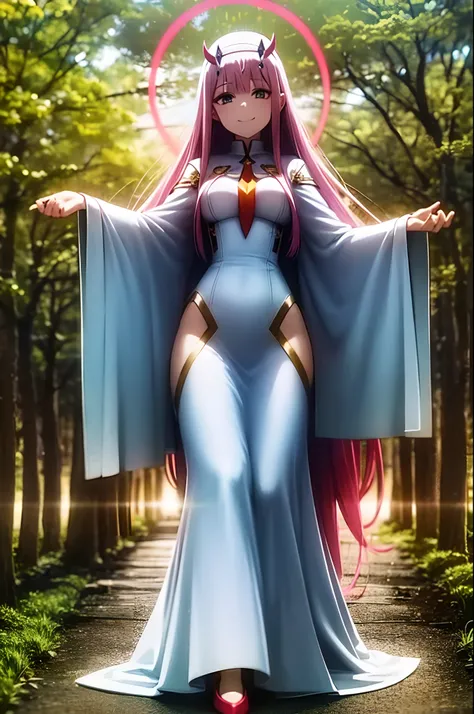 zero two, dress, sun halo, holy, smile,,, medium breast, priestess, full body, walking, divine aura, sun halo, solar halo, long skirt