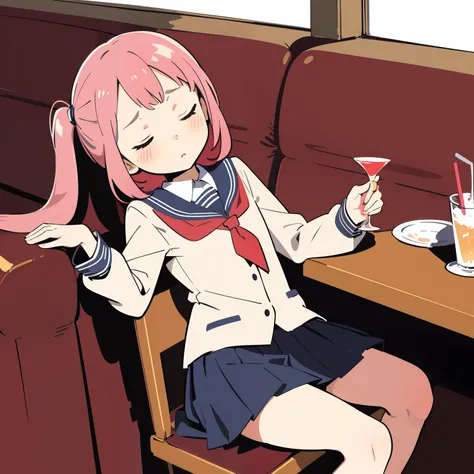 (superflat, flat shading, flat colors), 2girls, petite, loli, child, schoool uniform, sitting in a bar, drinking, ln a bar, sdunk, blush, sleepy, dark, vibrant colors, watercolor