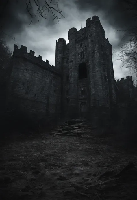 porta de um castelo assombrado por um vulto vermelho