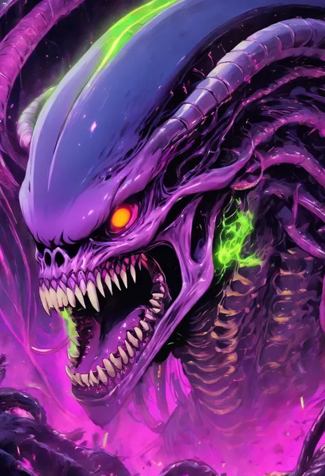 super xenomorph beast purple and lime green, xenomorph skull face teeth screaming, sf, intricate artwork masterpiece, ominous, matte painting movie poster, golden ratio, trending on cgsociety, intricate, epic, trending on artstation, by artgerm, h. r. gige...