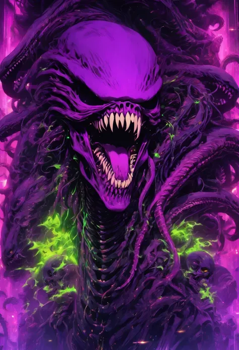 super xenomorph beast purple and lime green, xenomorph skull face teeth screaming, sf, intricate artwork masterpiece, ominous, matte painting movie poster, golden ratio, trending on cgsociety, intricate, epic, trending on artstation, by artgerm, h. r. gige...