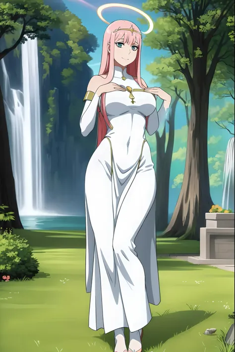 Zero Two, dress, sun halo, holy, smile, medium breast, priestess, full body, walking, divine aura, sun halo, solar halo, long skirt, porcelain skin, ethereal, graceful movement, flowing golden hair, radiant beauty, enchanting gaze, serene expression, soft ...